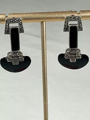 925 Silver Black Onyx Marcasite Art Deco Style Door Knocker Earrings 1.5  1359 • $21.44