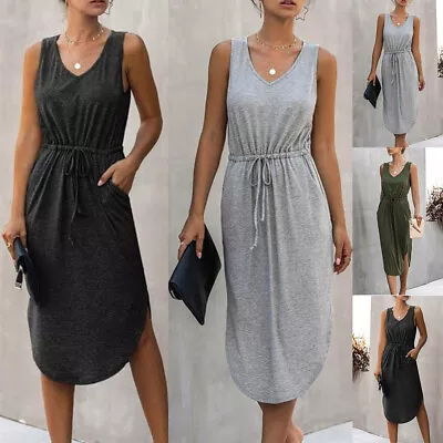 Womens Sleeveless Midi Dresses Ladies Summer Drawstring Casual Tank Sundress 16 • £12.09