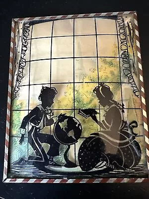 Vintage Convex Silhouette Reverse Paint Pictures Of Children Mother Reading • $10