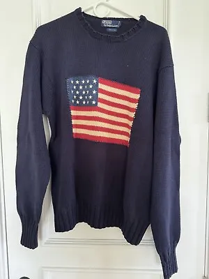 VTG  80s 90s Polo Country Ralph Lauren American Flag Med Knit Crewneck Sweater • $135