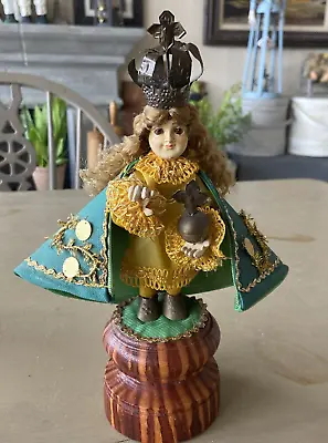 VTG Antique Infant Of Prague Santo Nino Doll Statue On Wood Carved Base • $55