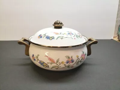 Vintage Enamel Floral Pan Pot / Kettle With Brass Handles And Lid • $9