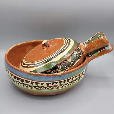 2 Primitive Mexican Terra Cotta Red Clay Hand Painted Cookware Rustic Vintage • $19.50