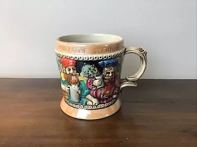 Vintage Mustache Stein Mug Cup Large Ceramic Brown Two Men Drinking Beer Japan • $12.50