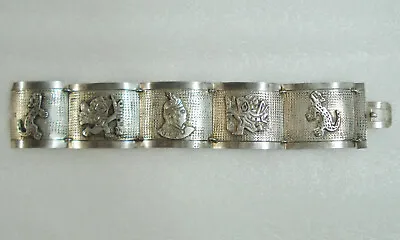 Vtg 900 Coin Silver Peru Story Bracelet Link Panel Mayan Inca Coyote Aztec • $99.99