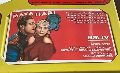 Bally Mata Hari Pinball Custom Apron Cards Set Instruction Rules Info • $12