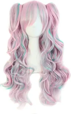 MapofBeauty Multi-color Lolita Long Curly Clip On Ponytails Cosplay Wig (Pink/B • £23.37