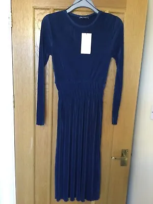 Zara Navy Blue Midi Pleated A Line Dress Long Sleeve Round Neck Size S BNWTs • £10