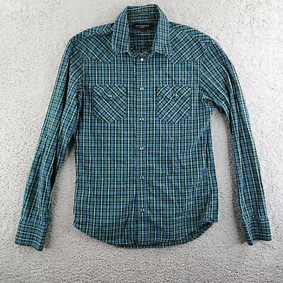 Banana Republic Pearl Snap Shirt Mens Small Green Check Plaid Western Long Sleev • $10.47