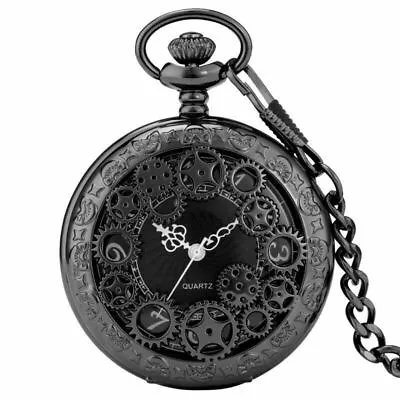 Black/Gold/Silver Hollow Gear Unisex Quartz Pocket Watch Pendant Chain Xmas Gift • $7.11