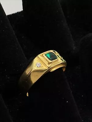 Vintage 17K Yellow Gold 0.03CT Diamond & 0.75CT Emerald Handmade Men’s Ring 5.9g • $784.07