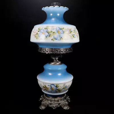 L&L WMC Gone With The Wind Parlor Lamp Blue Floral Hurricane Victorian GWTH 1971 • $105