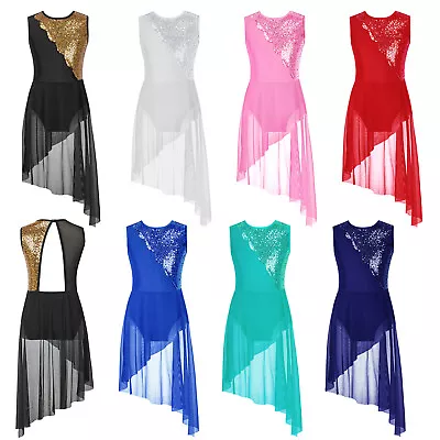 Girls Irregular Ballroom Dance Dress Sequined Lyrical Dancing Ballerina Costumes • £11.42