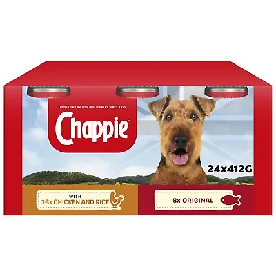 24 X 412g Chappie Adult Wet Dog Food Tins Favourites Original & Chicken & Rice • £33.99