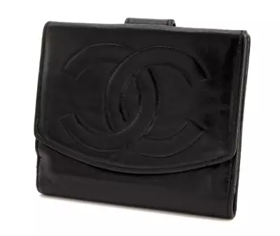 CHANEL Wallet Bifold Short Card Purse Coco Leather Black Vintage Authentic • £200.11