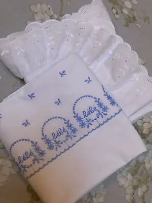 TWO Vintage French Cot Pillow Case Embroidered Baby Bed Cotton Pillowcases BeBe • £22