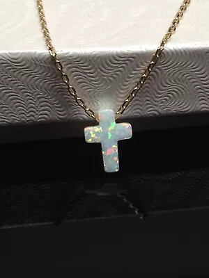 925 Sterling Silver White Opal Cross Pendant Necklace Tiny 9.5mm 16-18  Gold • $24.73