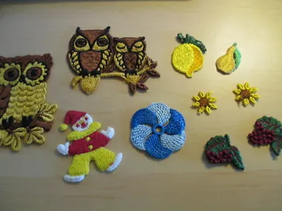 $10 • Buy Vintage Lot Of 10 Embroidered Sew On Patches Owl Flower Fruit Clown Grapes Owls