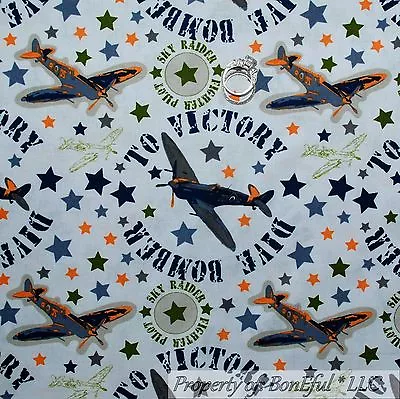BonEful Fabric FQ Cotton Quilt Blue Boy Military Airplane Force Green Camo Star • $5.43