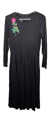 70s Mr Mort 16 BLACK Embroidered Dress ROSES Acrylic Pockets USA Union Made • $35.99