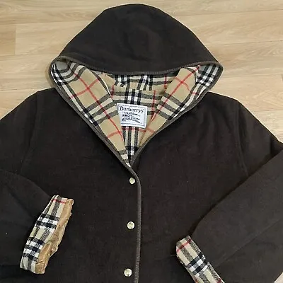 Vintage Burberry Coat Jacket Hooded Wool Nova Check Women's Brown Size L • $345.94