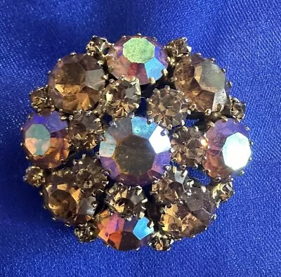 Vintage Weiss Brooch Aurora Borealis Crystals Brown & Gold. 1.75” Length Retro • $60