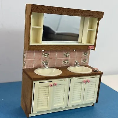 Vintage Lundby Dollhouse Furniture Pink Floral Bathroom Double Sink Vanity 70s • $28