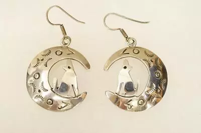 Vintage Taxco Mexico Sterling Silver Jewelry 925 Howling Wolf Moon Earrings • $34.99