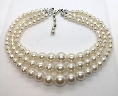 Vintage 3 Strand *japan* Graduated Sizes White Faux Pearl Beads Bib Necklace! • $17