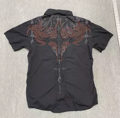 Roar Shirt Mens Large Embroidered Black Gray Cross Button Down Short Sleeve • $29.77