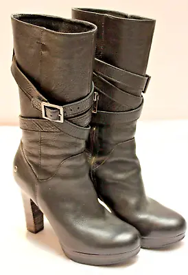 Ugg Black Leather Calf High Platform High Heel Boots Wrap Around Straps & Buckle • $45