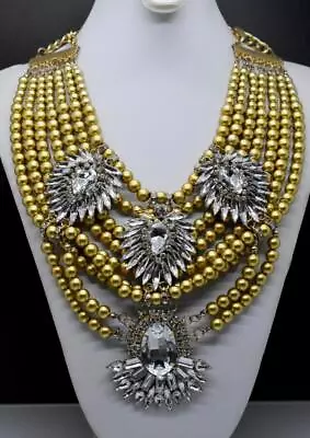 Haute Couture Runway Clear Rhinestone Faux Golden Pearl Strand Floral Necklace • $64