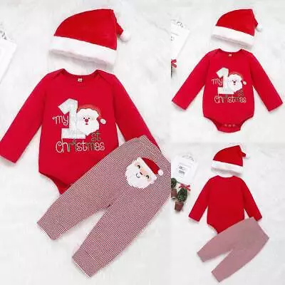 Baby Boy Christmas Outfit Suit Hat Romper Pants Set Santa Claus Clothes • £7.91