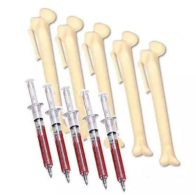 £6.99 • Buy Qty 10 NOVELTY BONE & SYRINGE PENS Bulk Value Pack NEW! Writes In Black Ink