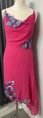 Karen Millen Asymmetrical Y2K Slip Dress Embroidery Silk Flower Pink Size UK 12 • £39.99