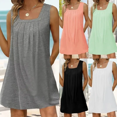 $30.74 • Buy Ladies Short Mini Dresses Sleeveless Tank Dress Women Pleated Square Neck Party