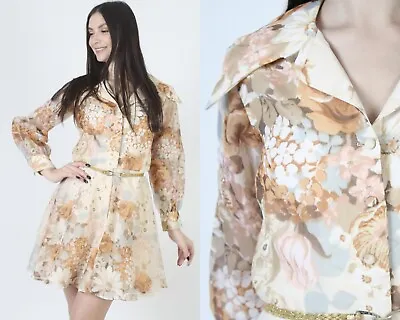 Vtg 70s Watercolor Earth Tone Autumnal Floral Print Mini Dress Butterfly Collar • $46.55