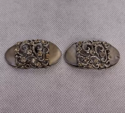 Musi Rhinestone Shoe Clips Silver Amber Oval Intricate Scrolling • $16.95
