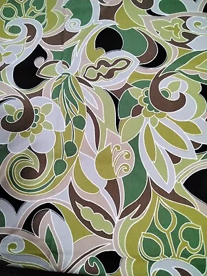 VTG 70s Mod Fabric Retro Brown Green Grey Swirls Flowers 49 × 36  Stretch Cotton • $9.99