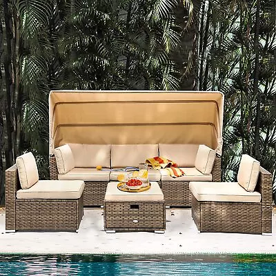 6PCS Patio Wicker Sofa Daybed Furniture Set W Retractable Canopy Outdoor Lounger • $539.62