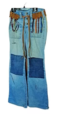 Wrangler Custom Distressed Jeans JR SZ 9 Patched Holes Fringed Belt Light Wash • $29