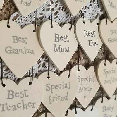 FAMILY MINI WOODEN GIFT TAG 3cm Small Heart Plaque Sign Mum/Dad/Sister/Daughter • £1.94