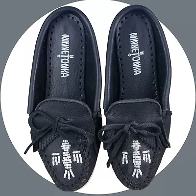 Minnetonka Beaded Thunderbird Leather Moccasins Black Women's Size 5 • $29.99