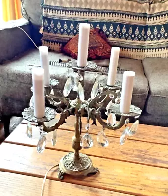 $199.99 • Buy Vintage Electric Brass Table Lamp 5 Candelabra Glass Crystals Prisms Antique  1