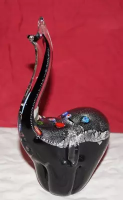 Venetian Glass Murano Elephant Figurine Silver Black Millefiori Flowers Trunk Up • $35