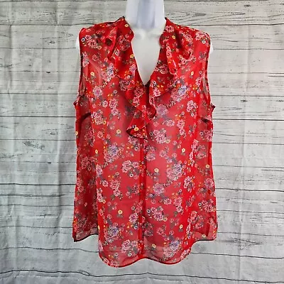 Cabi 5219 Womens Crush Floral Top Sz Medium Red Ruffle Sleeveless Semi Sheer • $11.99