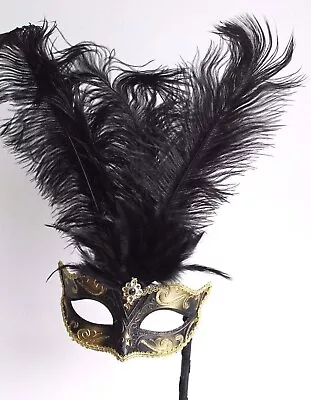 Black & Silver Feather Venetian Masquerade Carnival Party Ball Eye Mask On Stick • £19.99