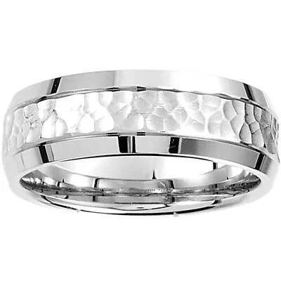 Mens 14k White Gold Hammered Beveled Edge 7MM Wedding Band Ring • $618.45