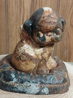 Vintage 1914 Cast Iron Pup Dog ON A PILLOW BANK • $199.99