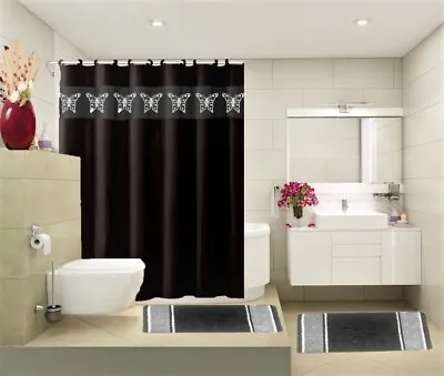 $20 • Buy Complete Bathroom Set 2 Bath Mats 1 Shower Curtain &fabric Hooks Printed Designs
